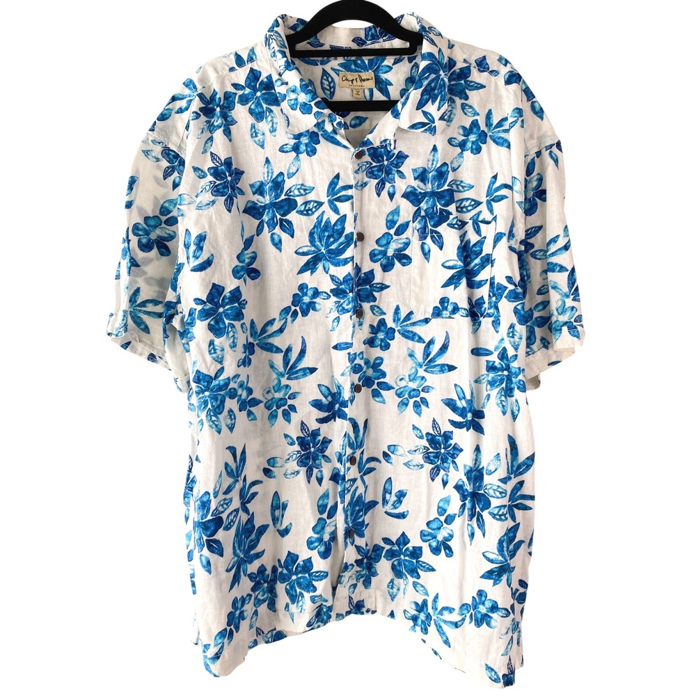 Chip & Pepper Mens Button Up Hawaiian Shirt XXL White Blue Floral Linen Tropical